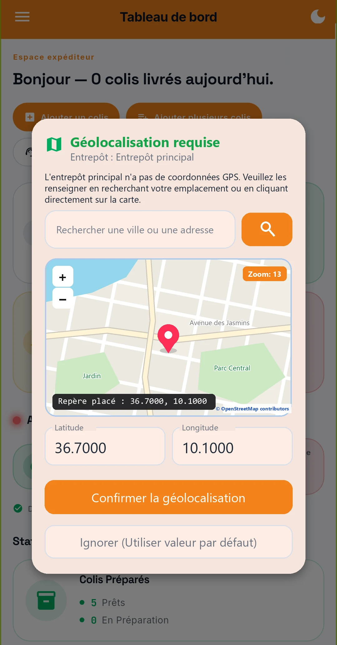 Application Mapp by LOXBOX côté expéditeur : géolocalisation de l'entrepôt sur la carte
