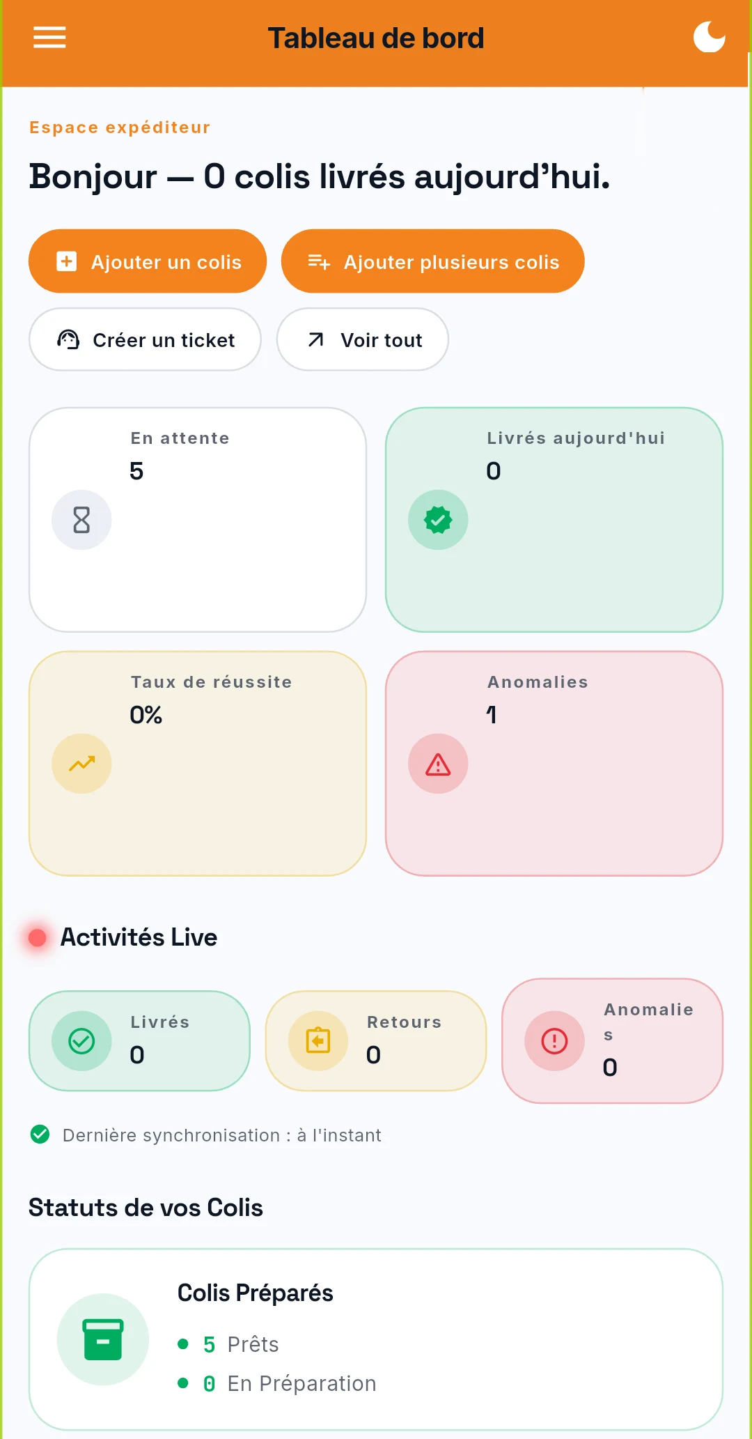 Application Mapp by LOXBOX côté expéditeur : tableau de bord avec colis en attente, livrés, taux de réussite, anomalies et Activités Live