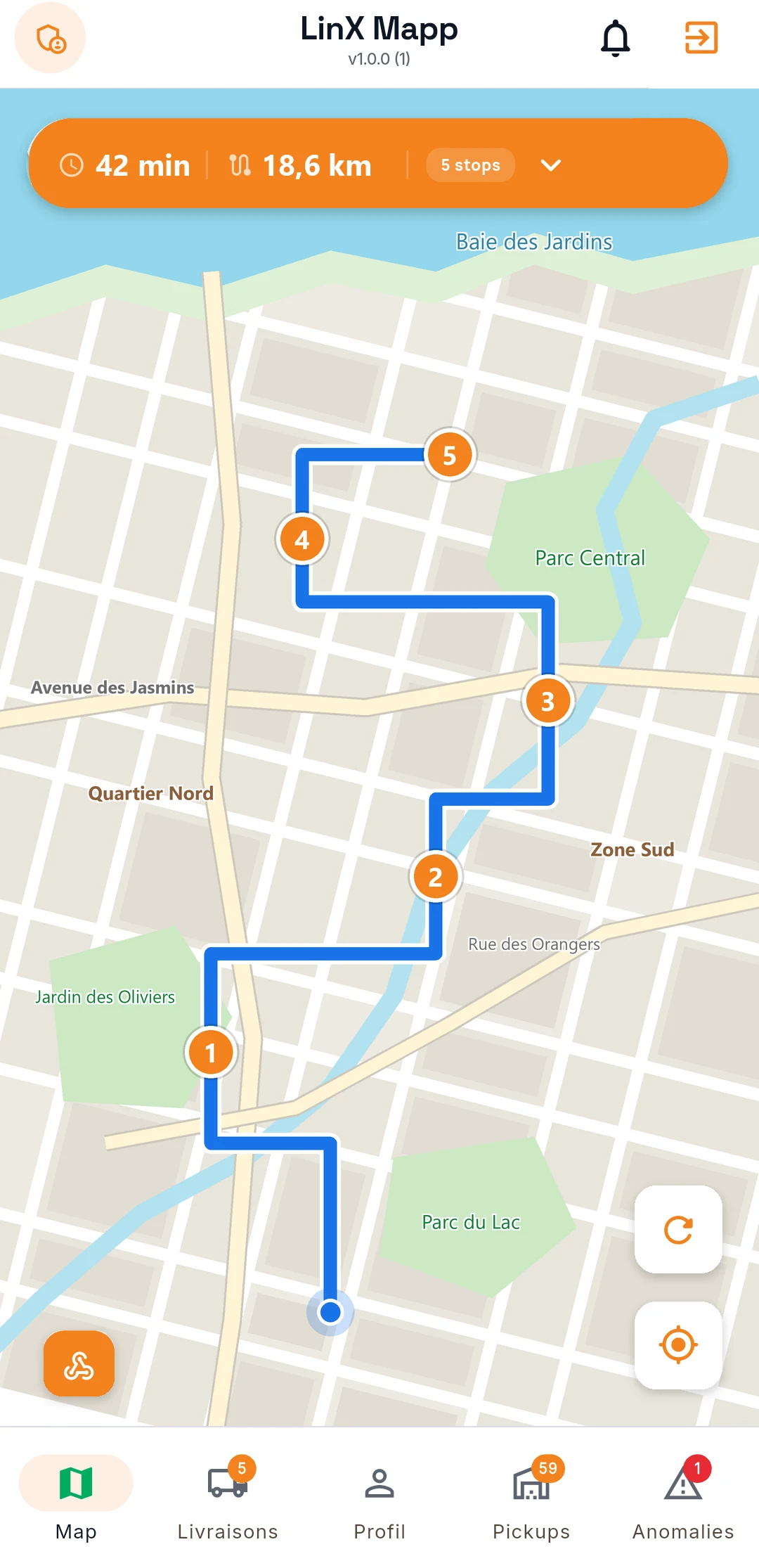 Application Mapp by LOXBOX côté livreur : carte GPS avec itinéraire de la tournée, temps estimé, distance et nombre d'arrêts